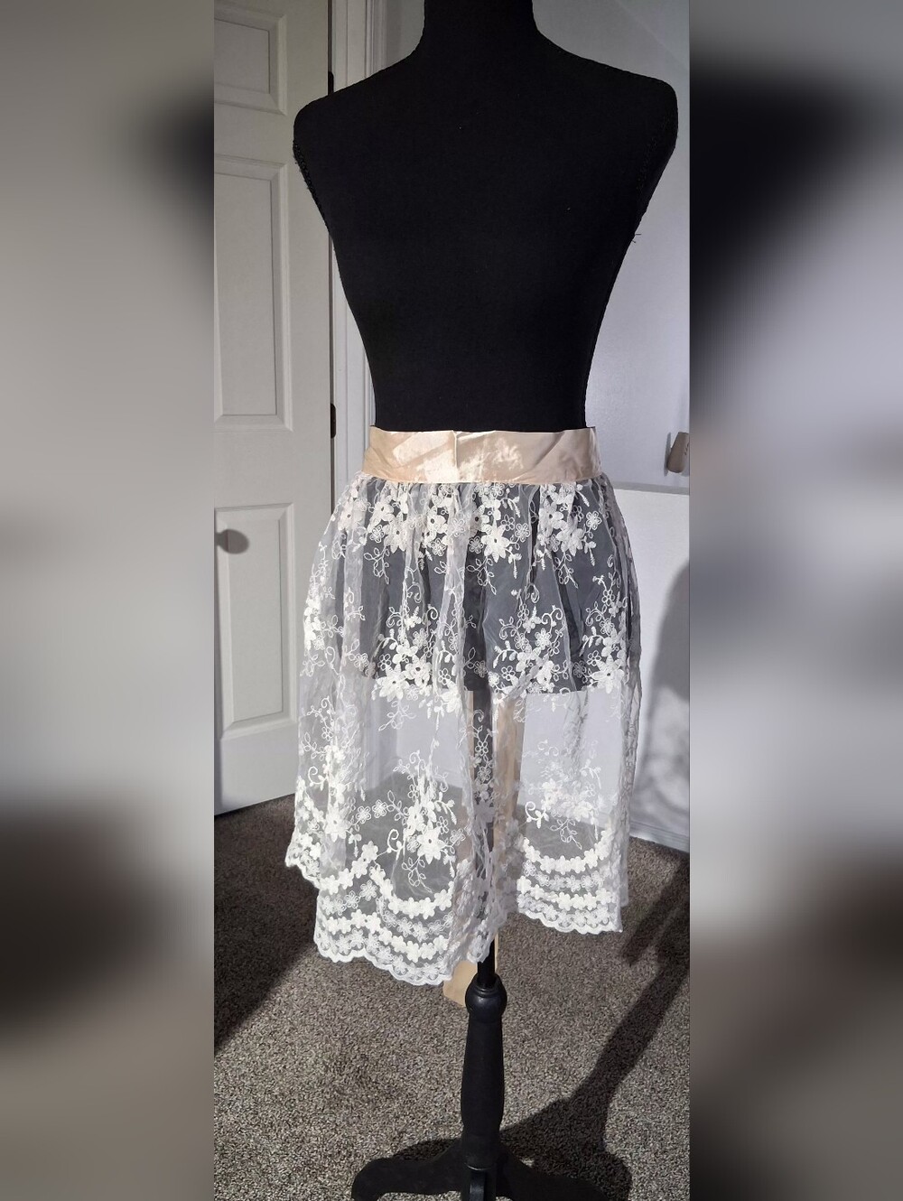 Sheer Ivory Lace Overlay Skirt with Satin Waistband
